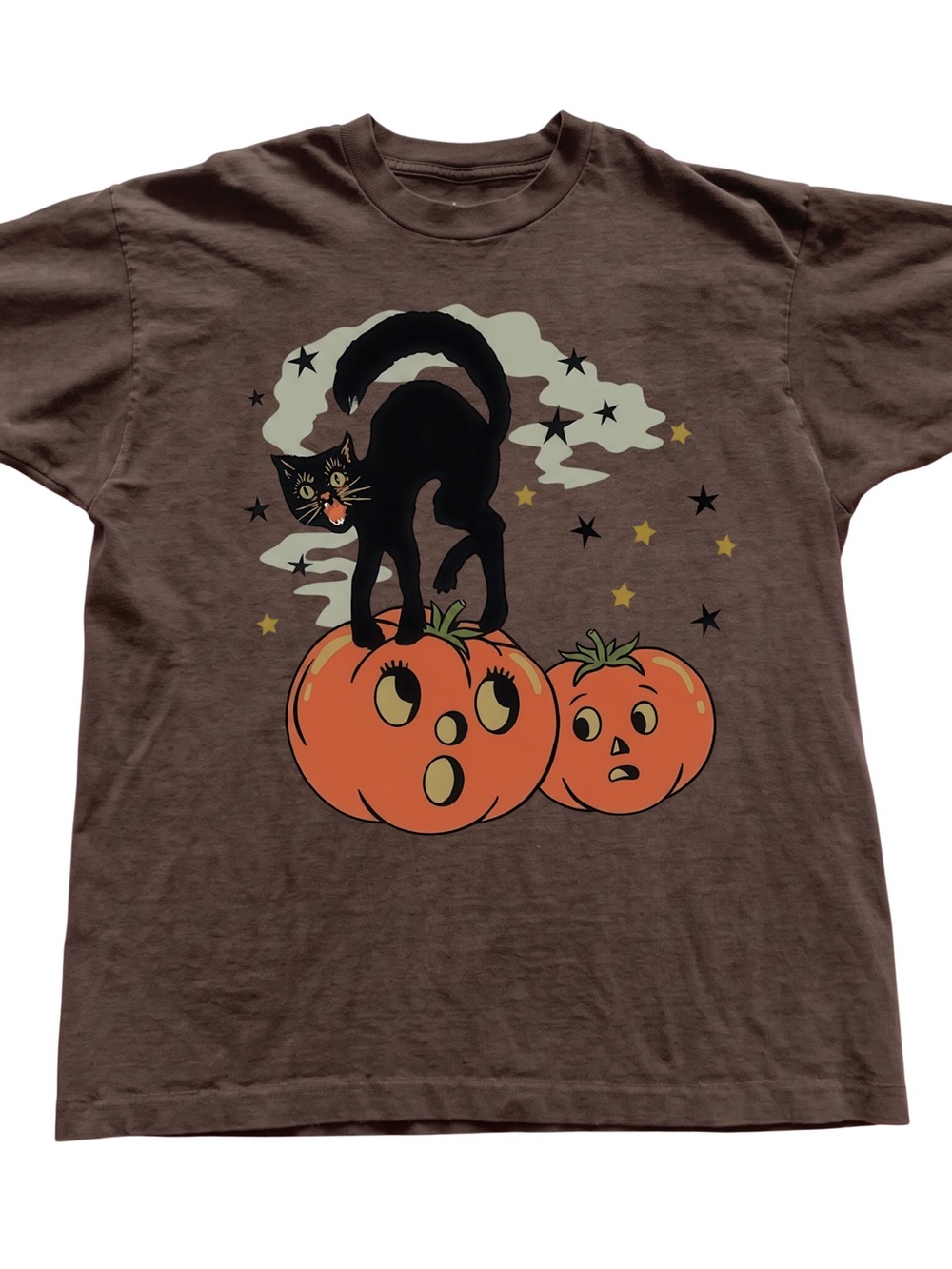 Classic Halloween Cat & Pumpkins Graphic T-Shirt - Brown